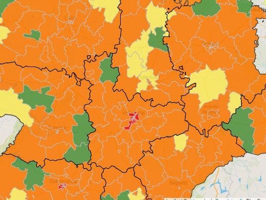 El mapa de la provincia de Valladolid se tiñe de naranja y rojo ante el aumento de casos por COVID-19