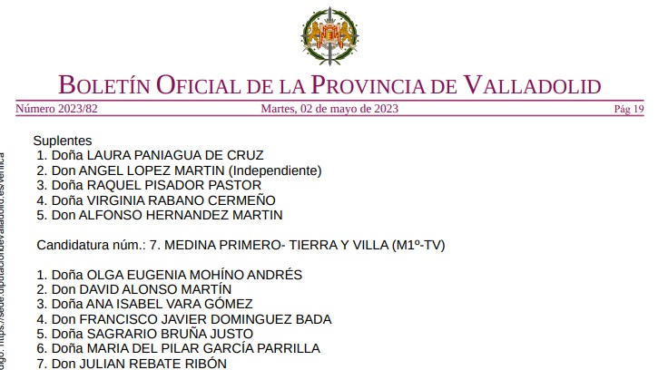 El BOP publica este martes la candidatura de Medina Primero con el sello de «Tierra y Villa”